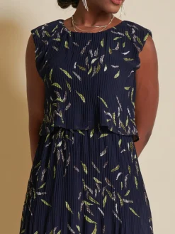 Jolie Moi Occasion Dresses|Sleeveless Dresses-Chiffon Pleated Overlay Midi Dress, Navy Leafy