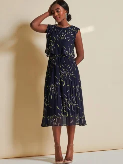 Jolie Moi Occasion Dresses|Sleeveless Dresses-Chiffon Pleated Overlay Midi Dress, Navy Leafy
