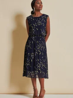 Jolie Moi Occasion Dresses|Sleeveless Dresses-Chiffon Pleated Overlay Midi Dress, Navy Leafy