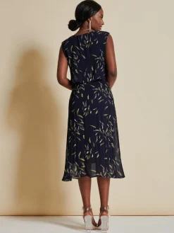 Jolie Moi Occasion Dresses|Sleeveless Dresses-Chiffon Pleated Overlay Midi Dress, Navy Leafy