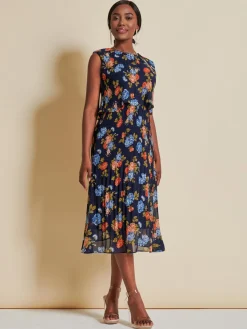 Jolie Moi Occasion Dresses|Sleeveless Dresses-Chiffon Pleated Overlay Midi Dress, Navy Orange Floral