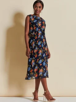 Jolie Moi Occasion Dresses|Sleeveless Dresses-Chiffon Pleated Overlay Midi Dress, Navy Orange Floral