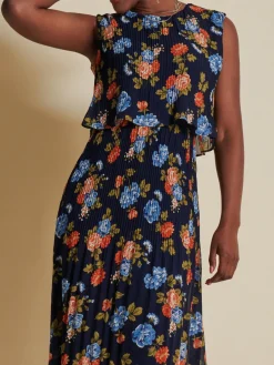 Jolie Moi Occasion Dresses|Sleeveless Dresses-Chiffon Pleated Overlay Midi Dress, Navy Orange Floral