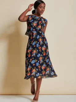 Jolie Moi Occasion Dresses|Sleeveless Dresses-Chiffon Pleated Overlay Midi Dress, Navy Orange Floral