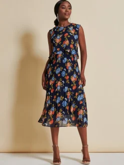 Jolie Moi Occasion Dresses|Sleeveless Dresses-Chiffon Pleated Overlay Midi Dress, Navy Orange Floral