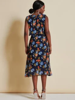 Jolie Moi Occasion Dresses|Sleeveless Dresses-Chiffon Pleated Overlay Midi Dress, Navy Orange Floral