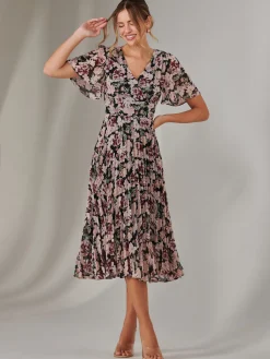 Jolie Moi Floral Dresses-Chiffon Pleated Wrap Midaxi Dress, Black Floral