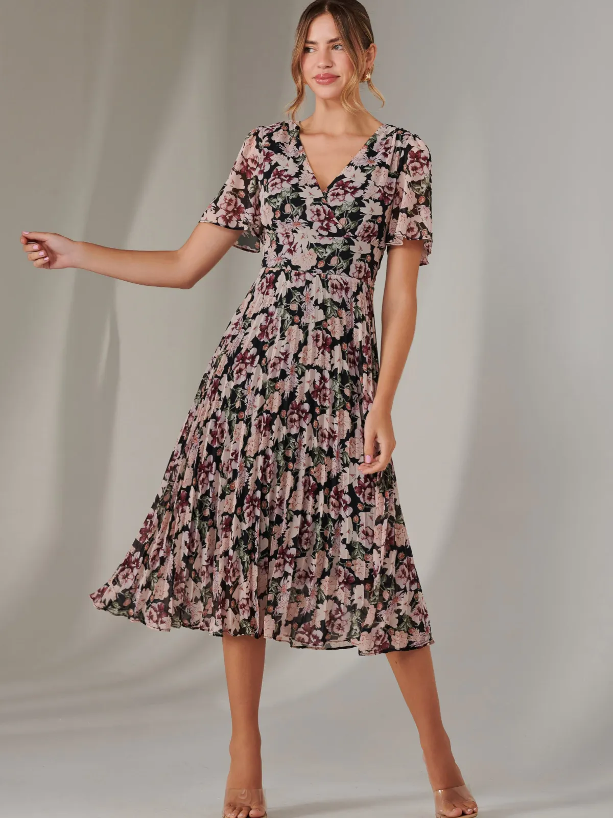 Jolie Moi Floral Dresses-Chiffon Pleated Wrap Midaxi Dress, Black Floral