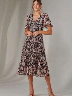Jolie Moi Floral Dresses-Chiffon Pleated Wrap Midaxi Dress, Black Floral