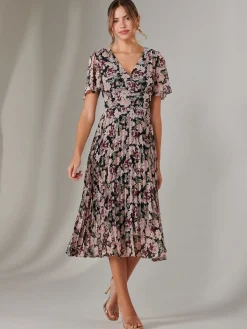 Jolie Moi Floral Dresses-Chiffon Pleated Wrap Midaxi Dress, Black Floral