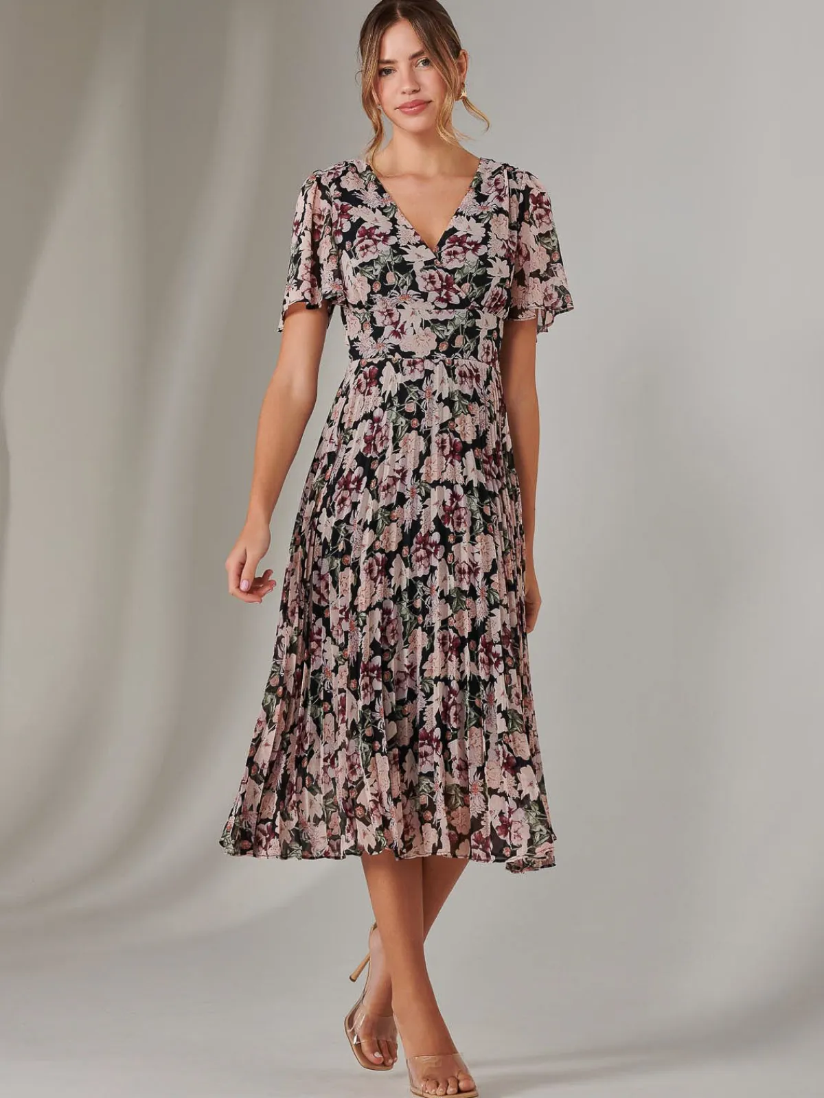 Jolie Moi Floral Dresses-Chiffon Pleated Wrap Midaxi Dress, Black Floral