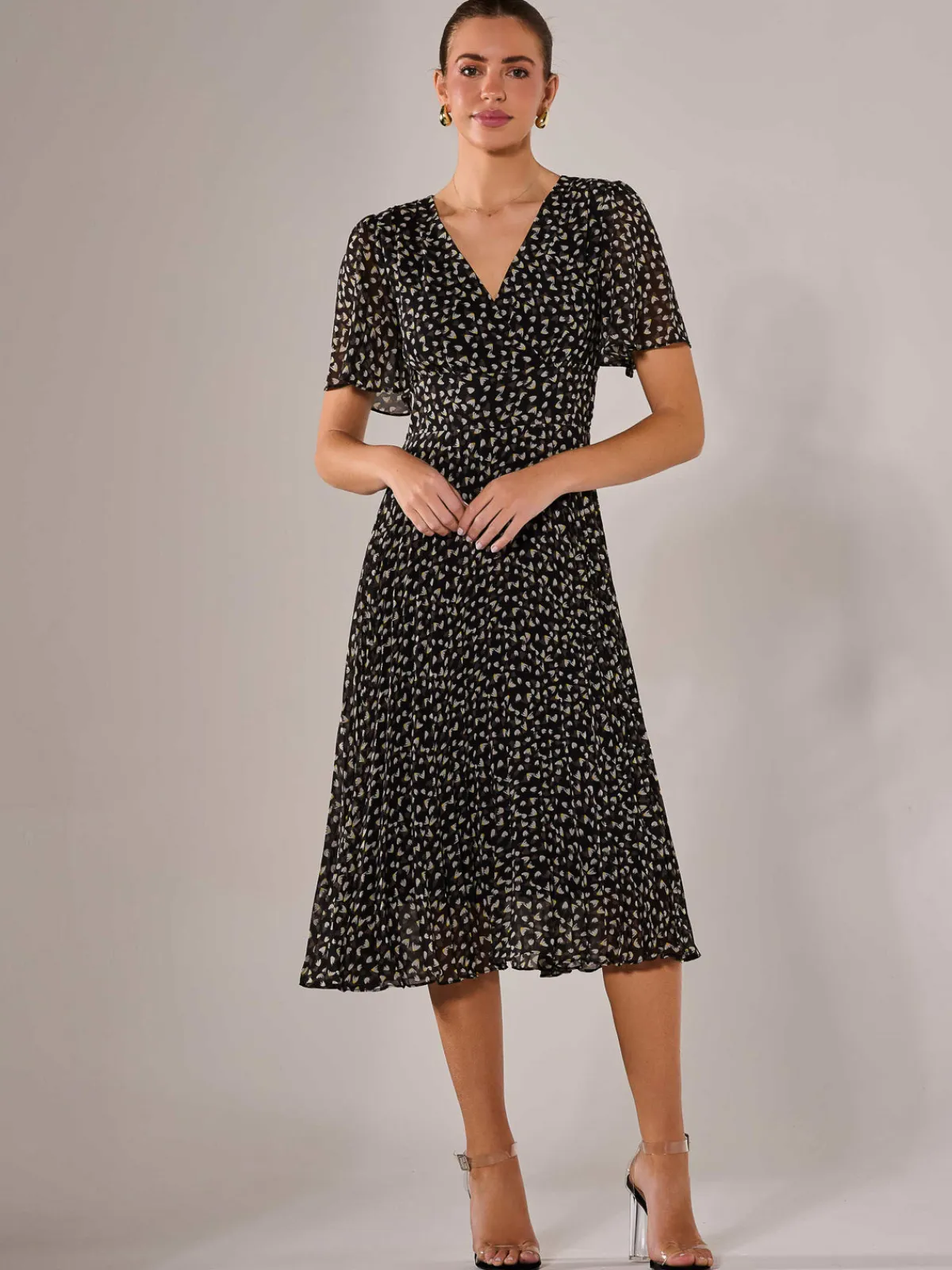 Jolie Moi Office Wear|Office Dresses-Chiffon Pleated Wrap Midaxi Dress, Black Pattern
