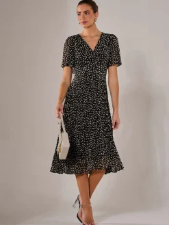 Jolie Moi Office Wear|Office Dresses-Chiffon Pleated Wrap Midaxi Dress, Black Pattern