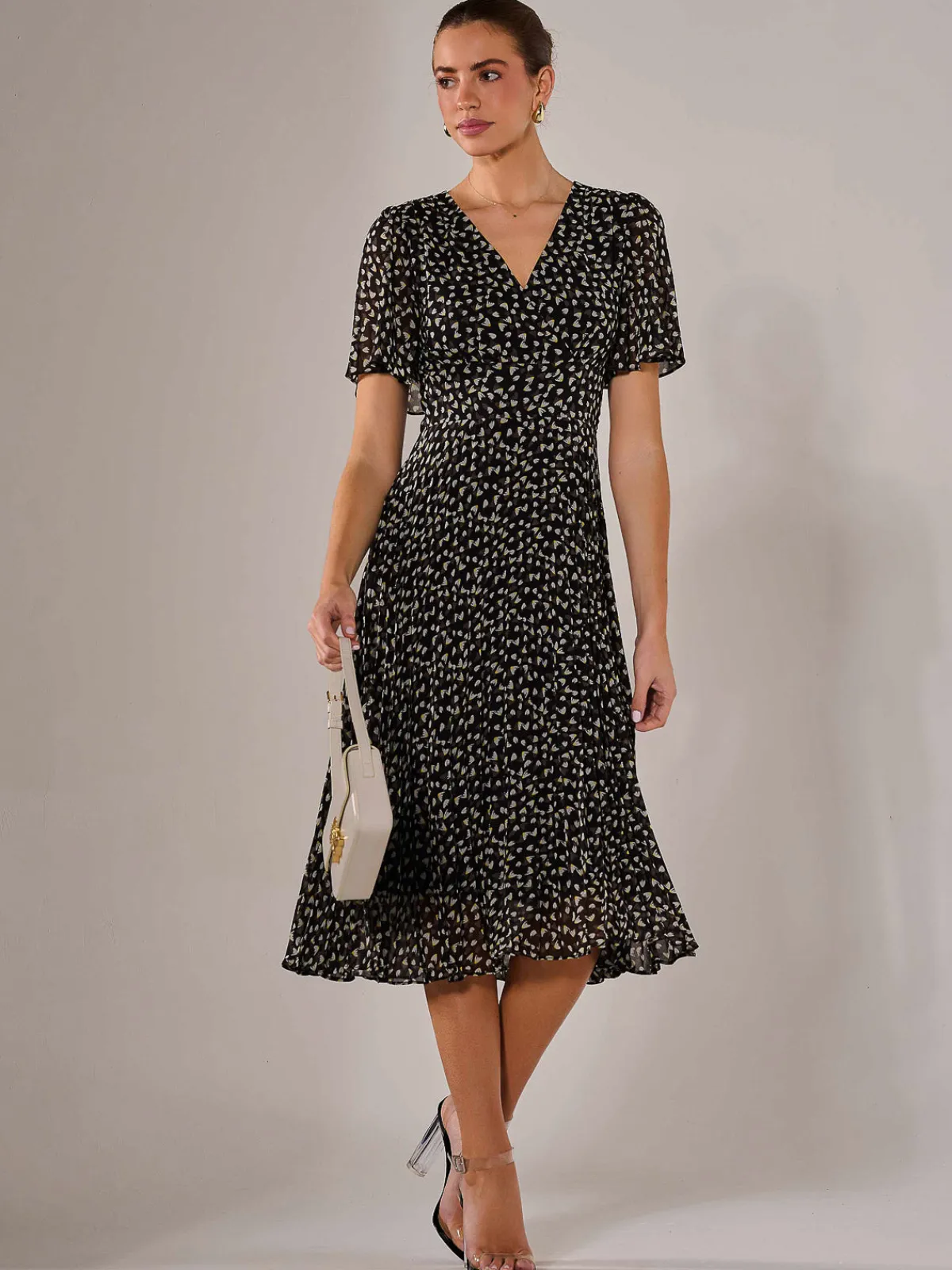 Jolie Moi Office Wear|Office Dresses-Chiffon Pleated Wrap Midaxi Dress, Black Pattern