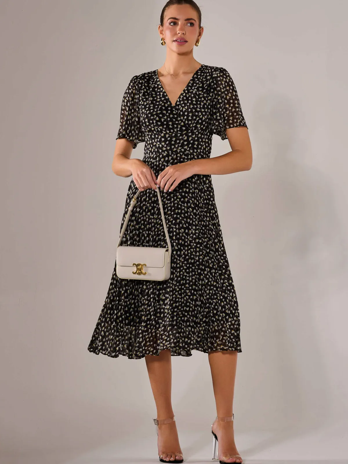 Jolie Moi Office Wear|Office Dresses-Chiffon Pleated Wrap Midaxi Dress, Black Pattern