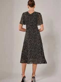 Jolie Moi Office Wear|Office Dresses-Chiffon Pleated Wrap Midaxi Dress, Black Pattern