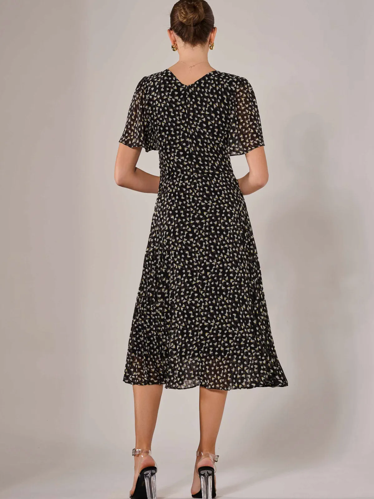 Jolie Moi Office Wear|Office Dresses-Chiffon Pleated Wrap Midaxi Dress, Black Pattern