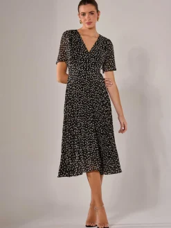 Jolie Moi Office Wear|Office Dresses-Chiffon Pleated Wrap Midaxi Dress, Black Pattern