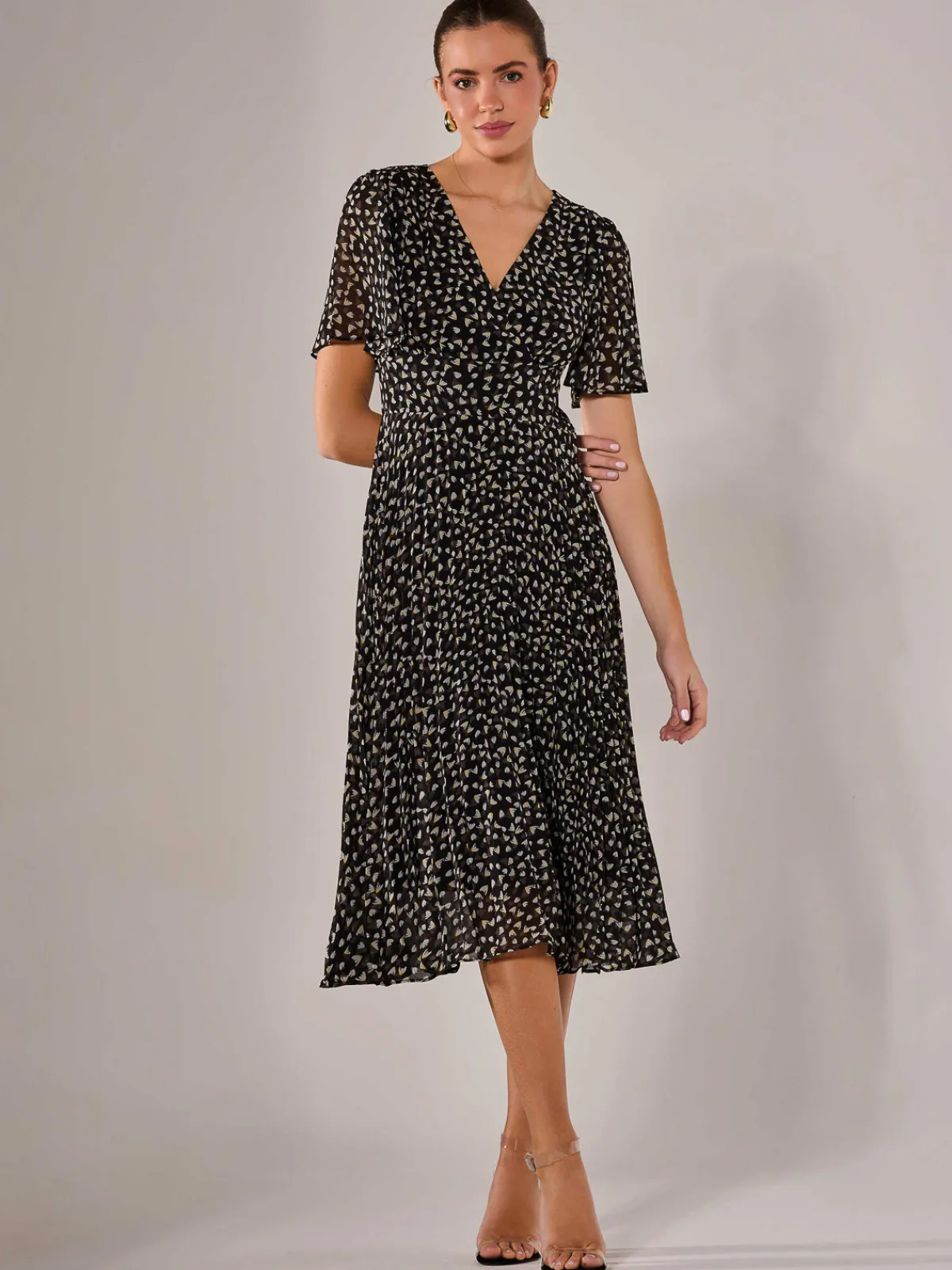 Jolie Moi Office Wear|Office Dresses-Chiffon Pleated Wrap Midaxi Dress, Black Pattern