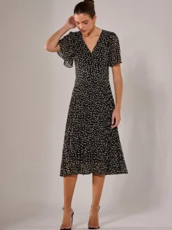 Jolie Moi Office Wear|Office Dresses-Chiffon Pleated Wrap Midaxi Dress, Black Pattern