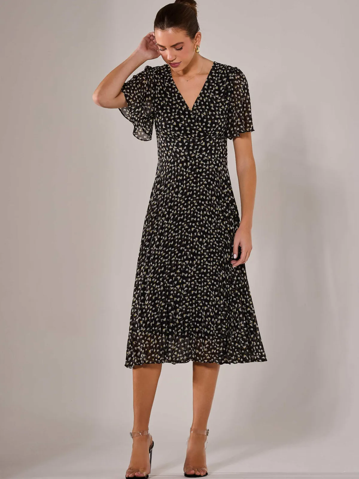 Jolie Moi Office Wear|Office Dresses-Chiffon Pleated Wrap Midaxi Dress, Black Pattern