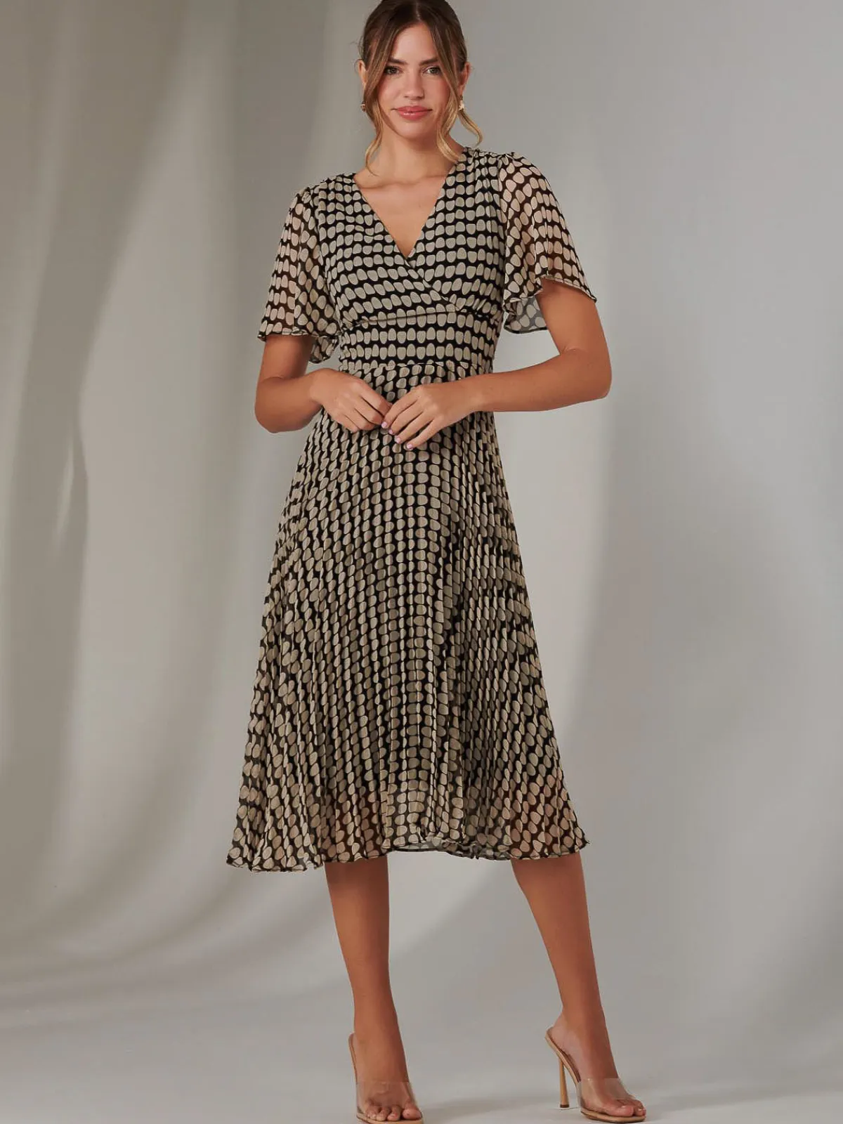 Jolie Moi Occasion Dresses|Race Day Dresses-Chiffon Pleated Wrap Midaxi Dress, Cream Polka Dot