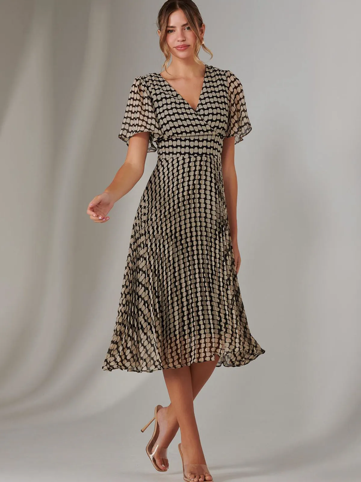 Jolie Moi Occasion Dresses|Race Day Dresses-Chiffon Pleated Wrap Midaxi Dress, Cream Polka Dot