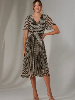 Jolie Moi Occasion Dresses|Race Day Dresses-Chiffon Pleated Wrap Midaxi Dress, Cream Polka Dot