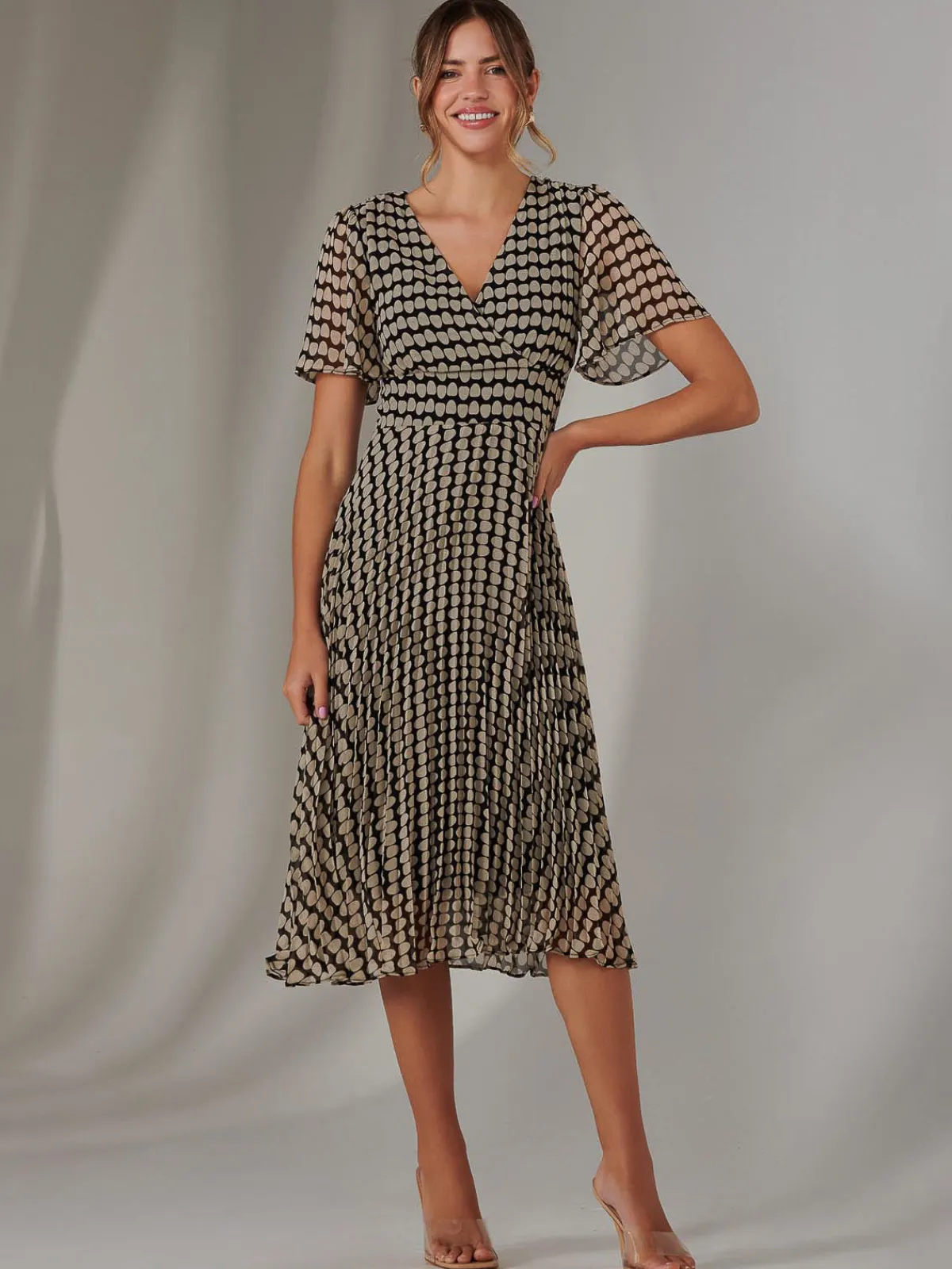 Jolie Moi Occasion Dresses|Race Day Dresses-Chiffon Pleated Wrap Midaxi Dress, Cream Polka Dot