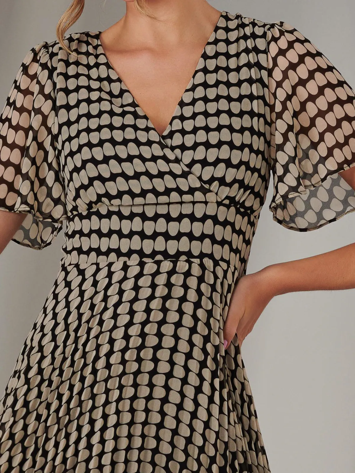 Jolie Moi Occasion Dresses|Race Day Dresses-Chiffon Pleated Wrap Midaxi Dress, Cream Polka Dot
