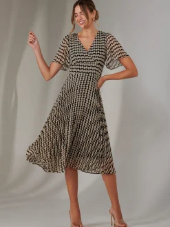 Jolie Moi Occasion Dresses|Race Day Dresses-Chiffon Pleated Wrap Midaxi Dress, Cream Polka Dot
