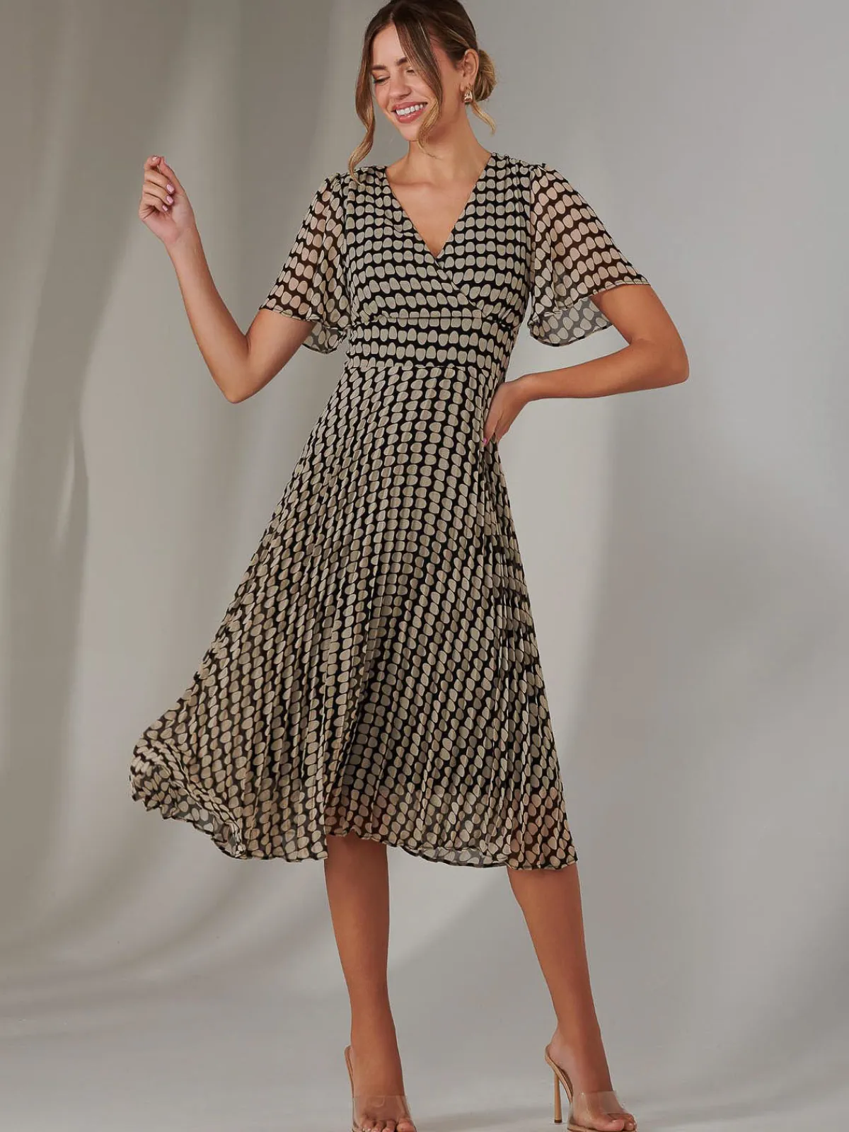 Jolie Moi Occasion Dresses|Race Day Dresses-Chiffon Pleated Wrap Midaxi Dress, Cream Polka Dot