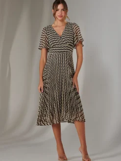 Jolie Moi Occasion Dresses|Race Day Dresses-Chiffon Pleated Wrap Midaxi Dress, Cream Polka Dot
