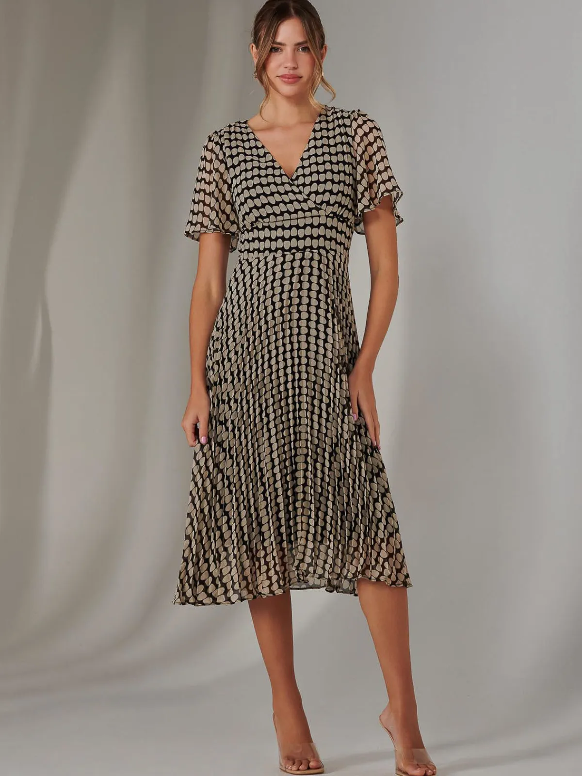 Jolie Moi Occasion Dresses|Race Day Dresses-Chiffon Pleated Wrap Midaxi Dress, Cream Polka Dot