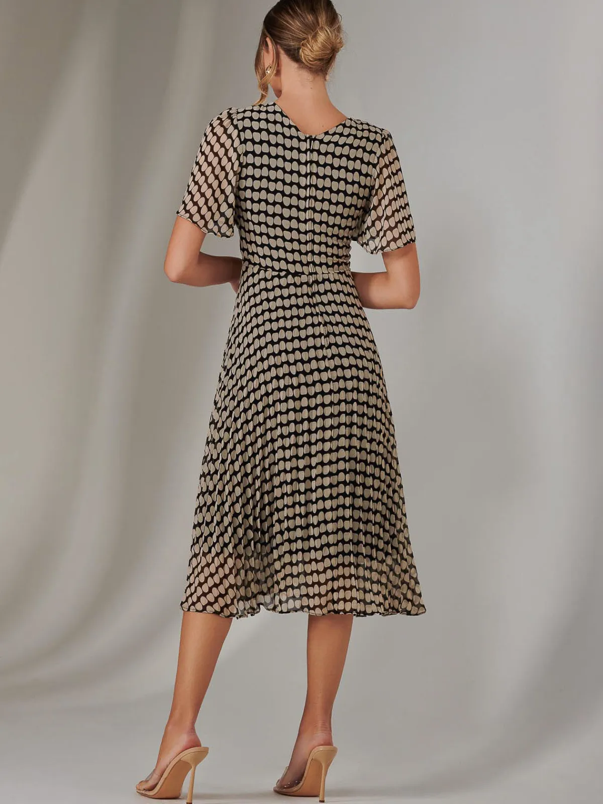 Jolie Moi Occasion Dresses|Race Day Dresses-Chiffon Pleated Wrap Midaxi Dress, Cream Polka Dot
