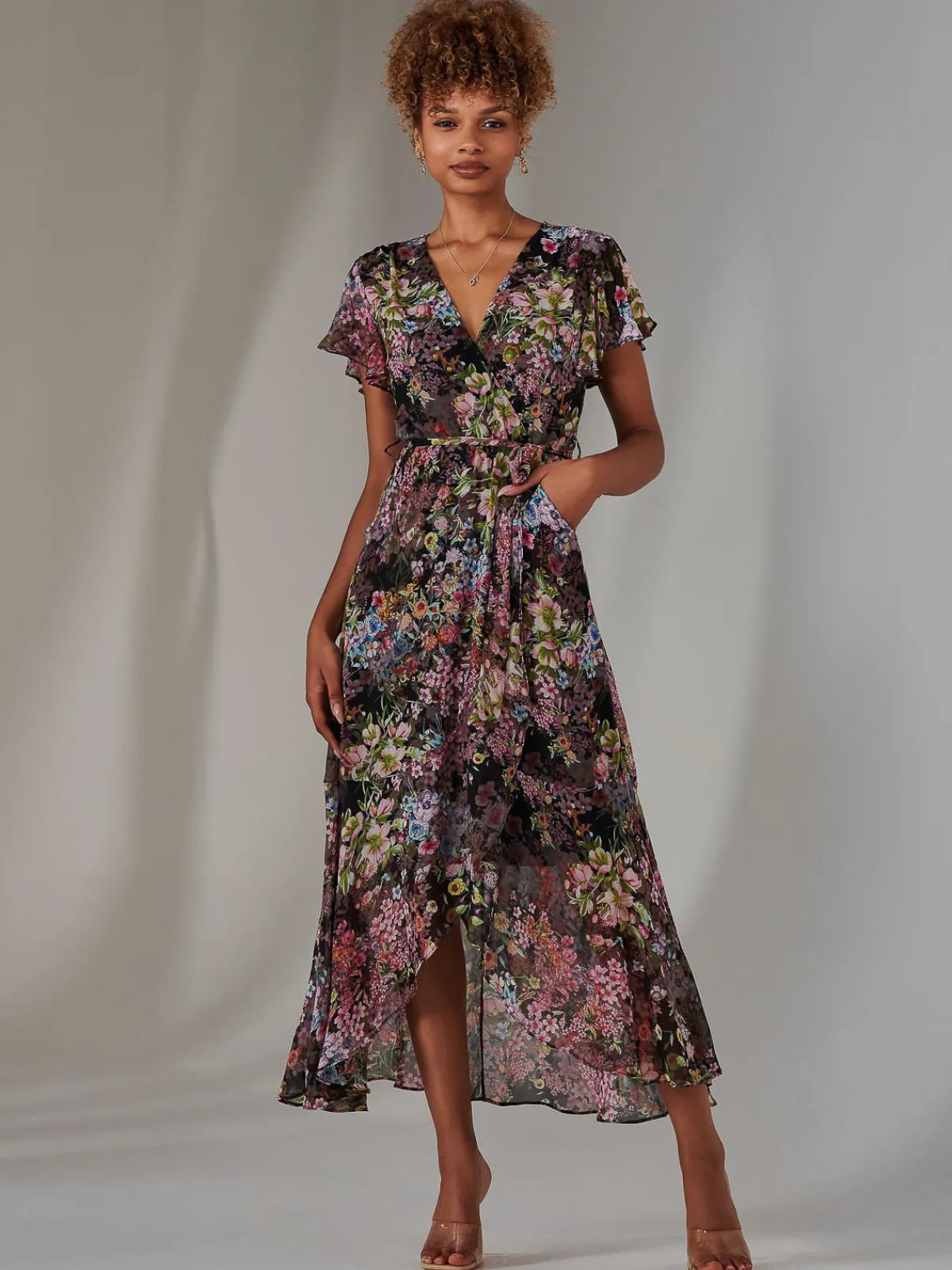 Jolie Moi Occasion Dresses|Floral Dresses-Chiffon Print Frill Dip Hem Maxi Dress, Black Floral