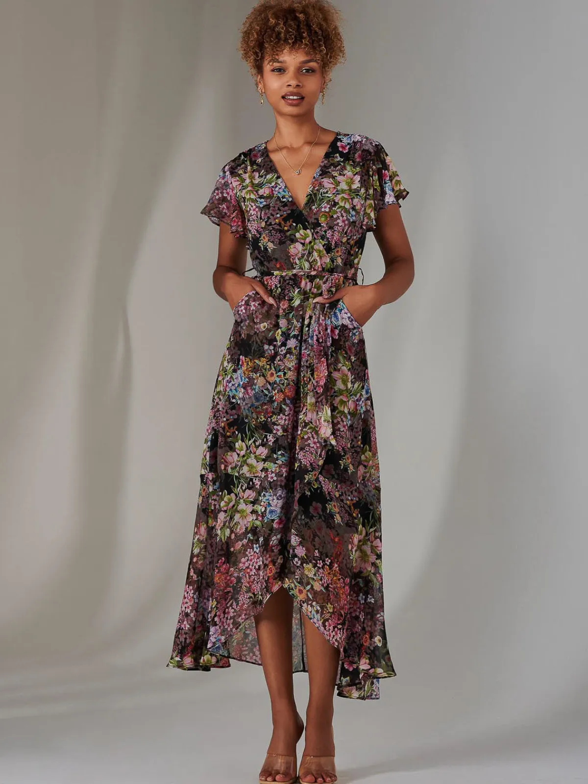 Jolie Moi Occasion Dresses|Floral Dresses-Chiffon Print Frill Dip Hem Maxi Dress, Black Floral