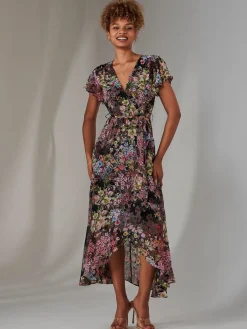 Jolie Moi Occasion Dresses|Floral Dresses-Chiffon Print Frill Dip Hem Maxi Dress, Black Floral
