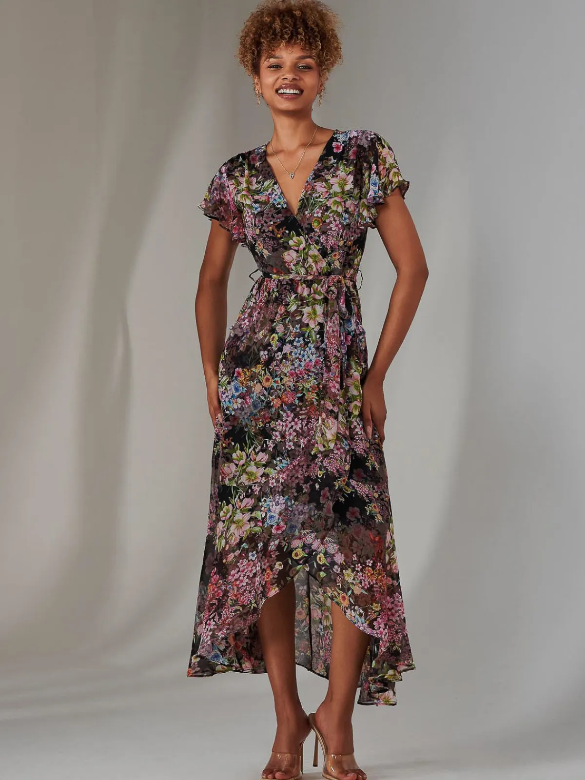 Jolie Moi Occasion Dresses|Floral Dresses-Chiffon Print Frill Dip Hem Maxi Dress, Black Floral