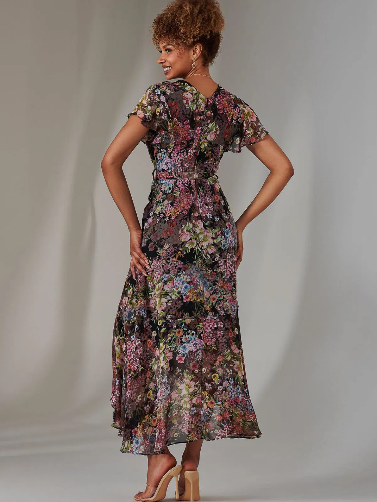 Jolie Moi Occasion Dresses|Floral Dresses-Chiffon Print Frill Dip Hem Maxi Dress, Black Floral