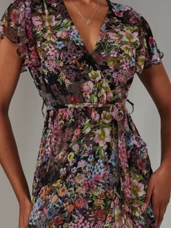 Jolie Moi Occasion Dresses|Floral Dresses-Chiffon Print Frill Dip Hem Maxi Dress, Black Floral