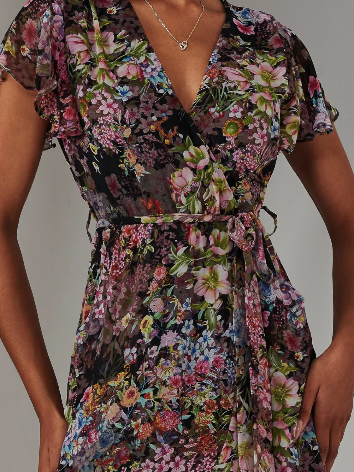 Jolie Moi Occasion Dresses|Floral Dresses-Chiffon Print Frill Dip Hem Maxi Dress, Black Floral