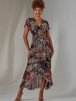 Jolie Moi Occasion Dresses|Floral Dresses-Chiffon Print Frill Dip Hem Maxi Dress, Black Floral