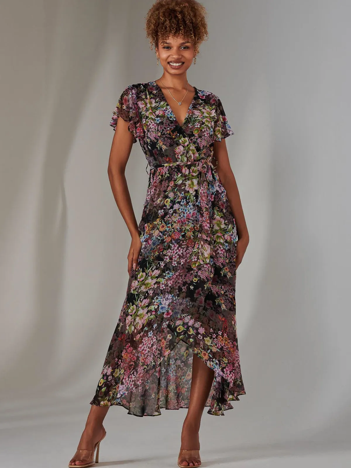 Jolie Moi Occasion Dresses|Floral Dresses-Chiffon Print Frill Dip Hem Maxi Dress, Black Floral