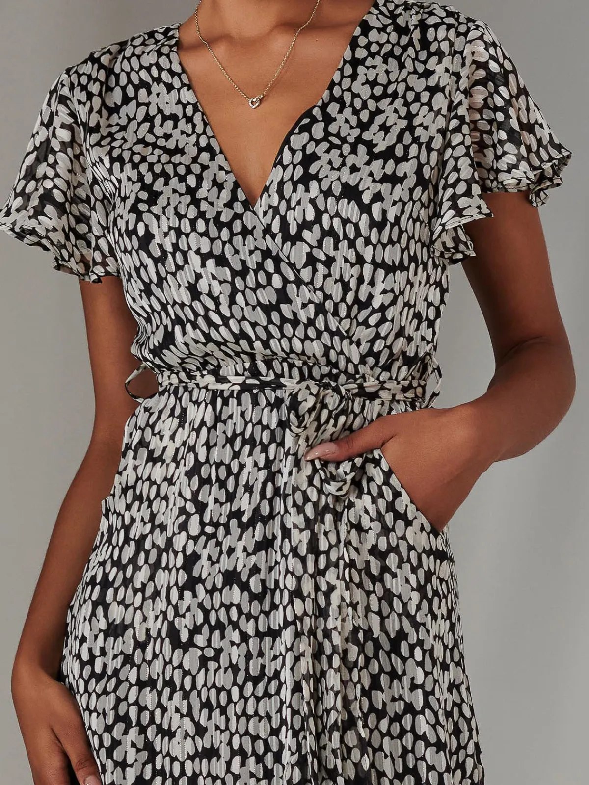 Jolie Moi Occasion Dresses|Printed Dresses-Chiffon Print Frill Dip Hem Maxi Dress, Black Spot