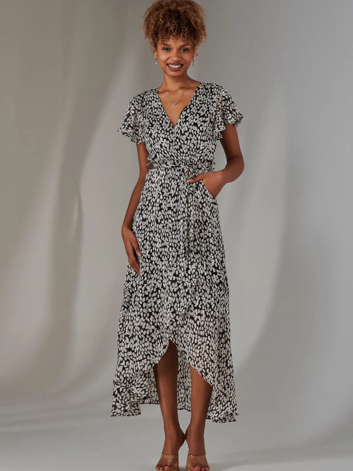 Jolie Moi Occasion Dresses|Printed Dresses-Chiffon Print Frill Dip Hem Maxi Dress, Black Spot
