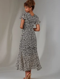 Jolie Moi Occasion Dresses|Printed Dresses-Chiffon Print Frill Dip Hem Maxi Dress, Black Spot