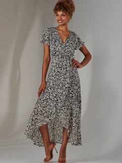 Jolie Moi Occasion Dresses|Printed Dresses-Chiffon Print Frill Dip Hem Maxi Dress, Black Spot