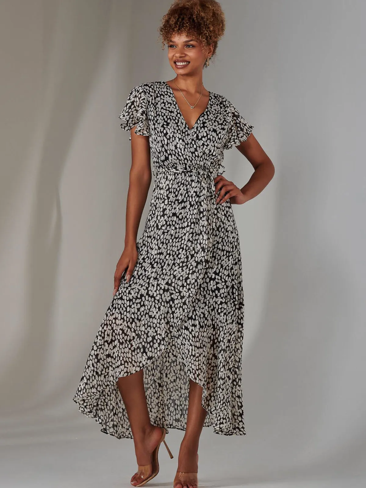 Jolie Moi Occasion Dresses|Printed Dresses-Chiffon Print Frill Dip Hem Maxi Dress, Black Spot