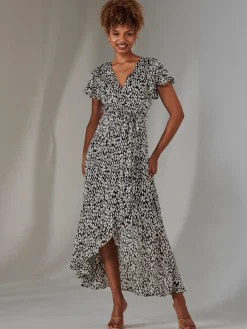 Jolie Moi Occasion Dresses|Printed Dresses-Chiffon Print Frill Dip Hem Maxi Dress, Black Spot